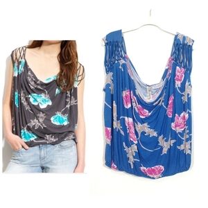 Free People Blue Festival Boho Tropical Floral Oversize Drapey Cowl Neck Top S